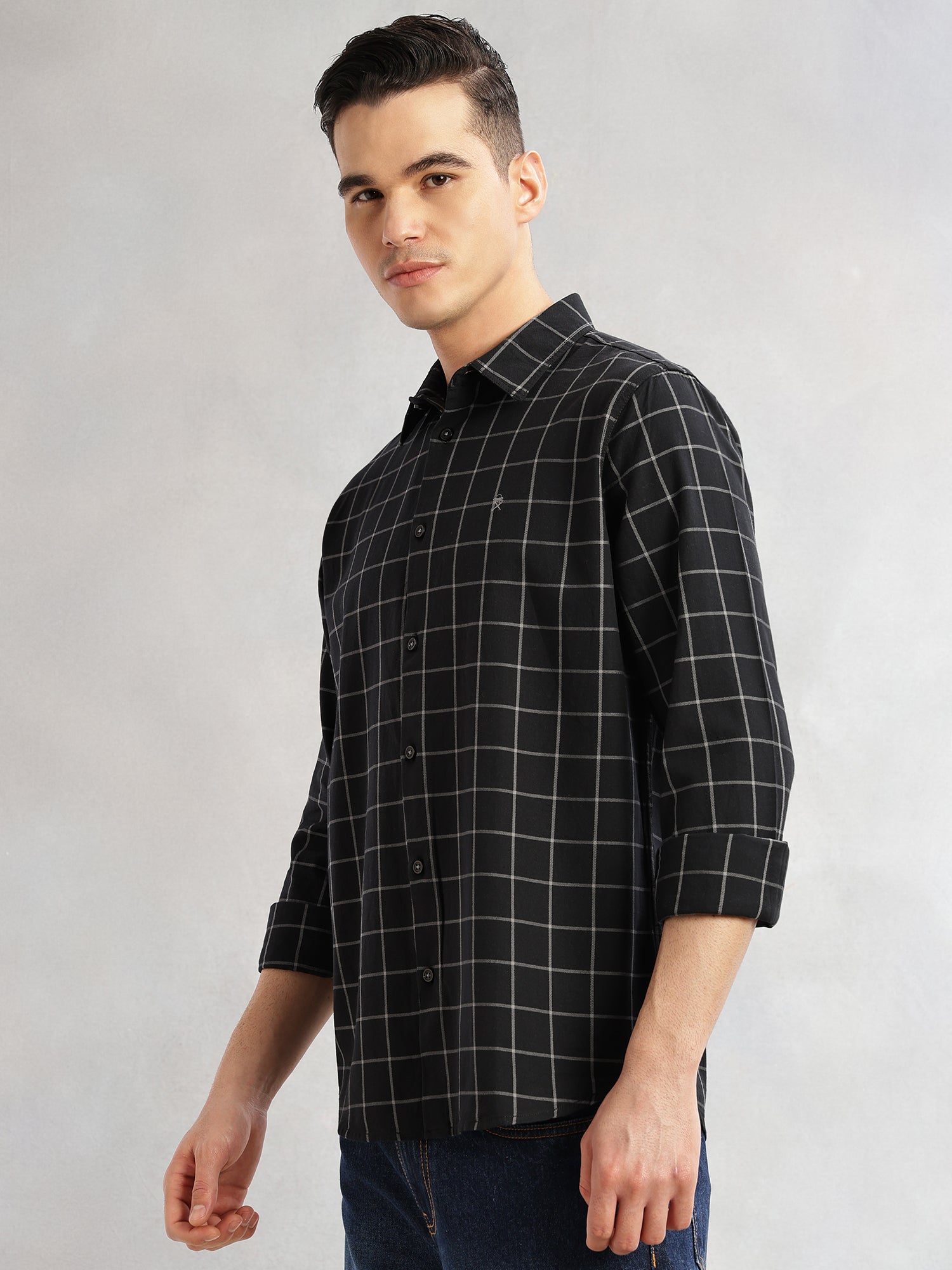 Thomas Scott Men Black Slim Fit Long Sleeves Spread Collar Windowpane Check 100% Cotton Twill Casual Shirt