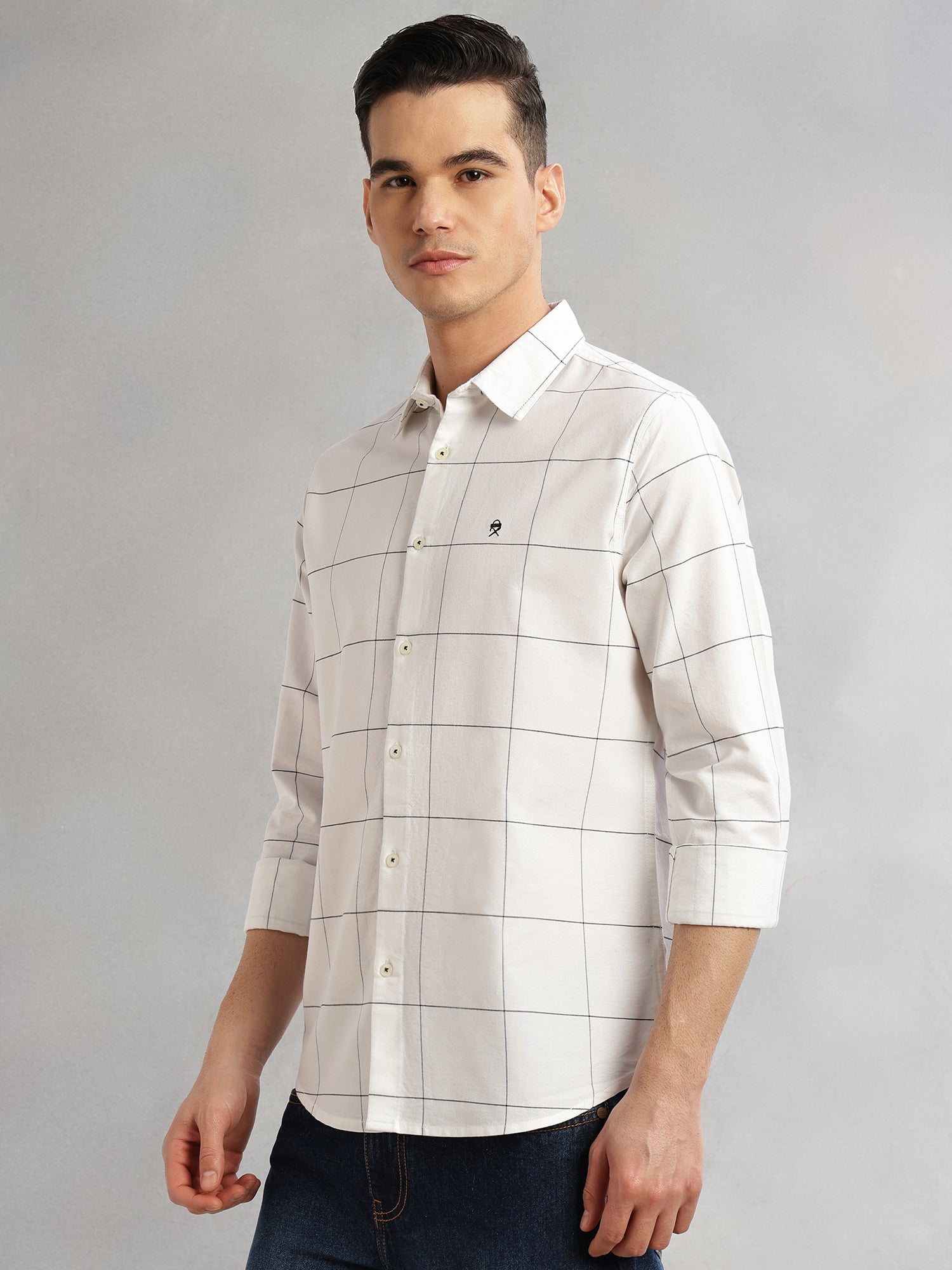 Thomas Scott Men White Slim Fit Long Sleeves Spread Collar Windowpane Check 100% Cotton Twill Casual Shirt
