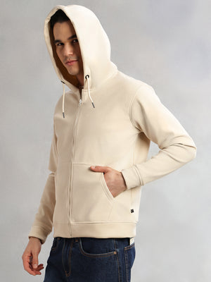 Thomas Scott Men Cream Regular Fit Long Sleeves Kangaroo Pocket Polyester Hoodie Sweatshirt