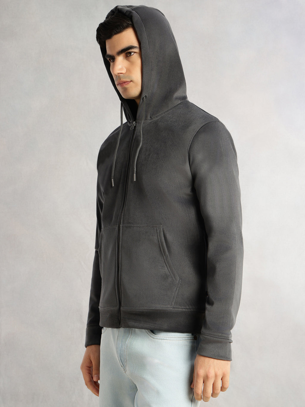 Thomas Scott Men Grey Regular Fit Long Sleeves Kangaroo Pocket Polyester Hoodie Sweatshirt