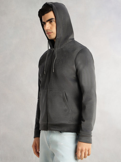 Thomas Scott Men Grey Regular Fit Long Sleeves Kangaroo Pocket Polyester Hoodie Sweatshirt
