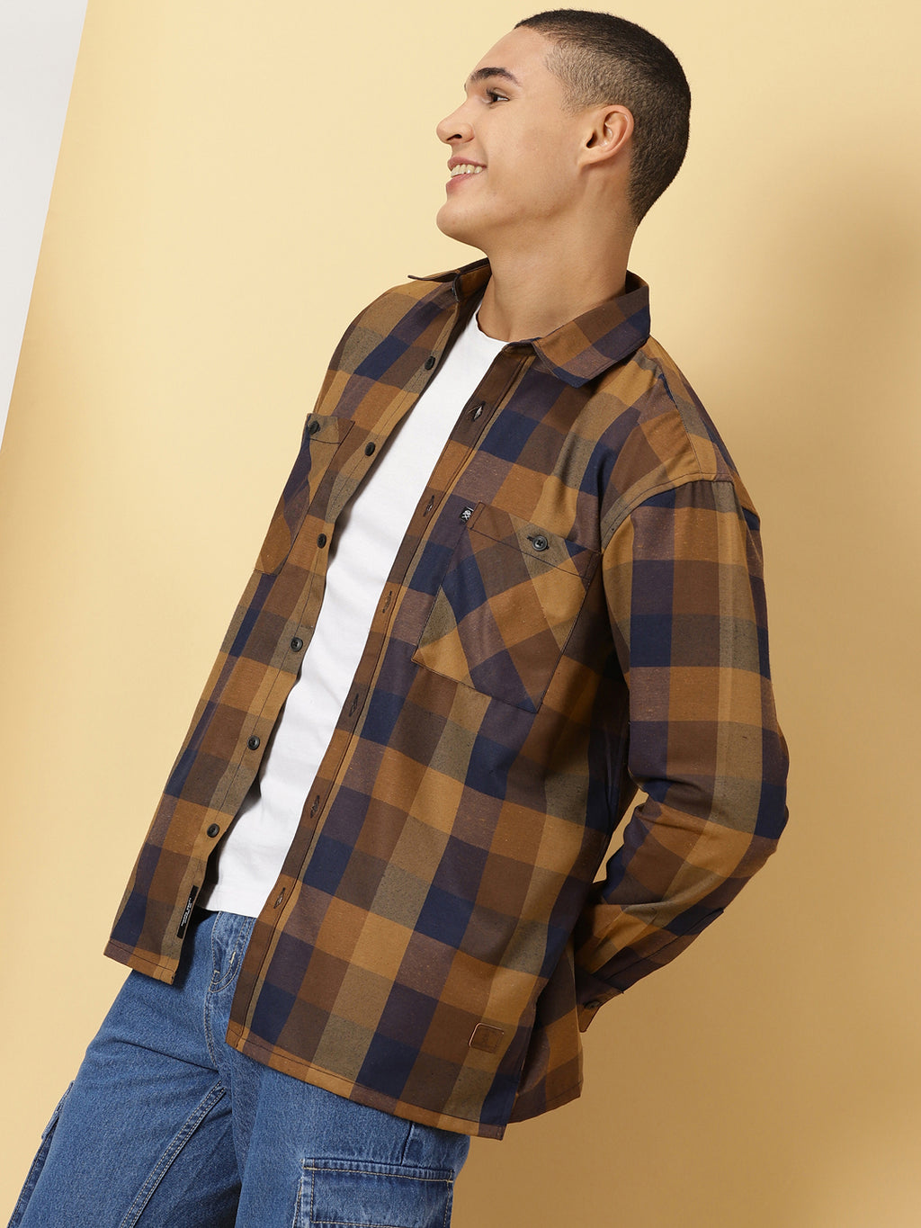 Thomas Scott Men Brown Oversized Long Sleeves Spread Collar Buffalo Checks Flannel Casual Shirt