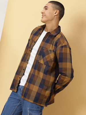 Thomas Scott Men Brown Oversized Long Sleeves Spread Collar Buffalo Checks Flannel Casual Shirt