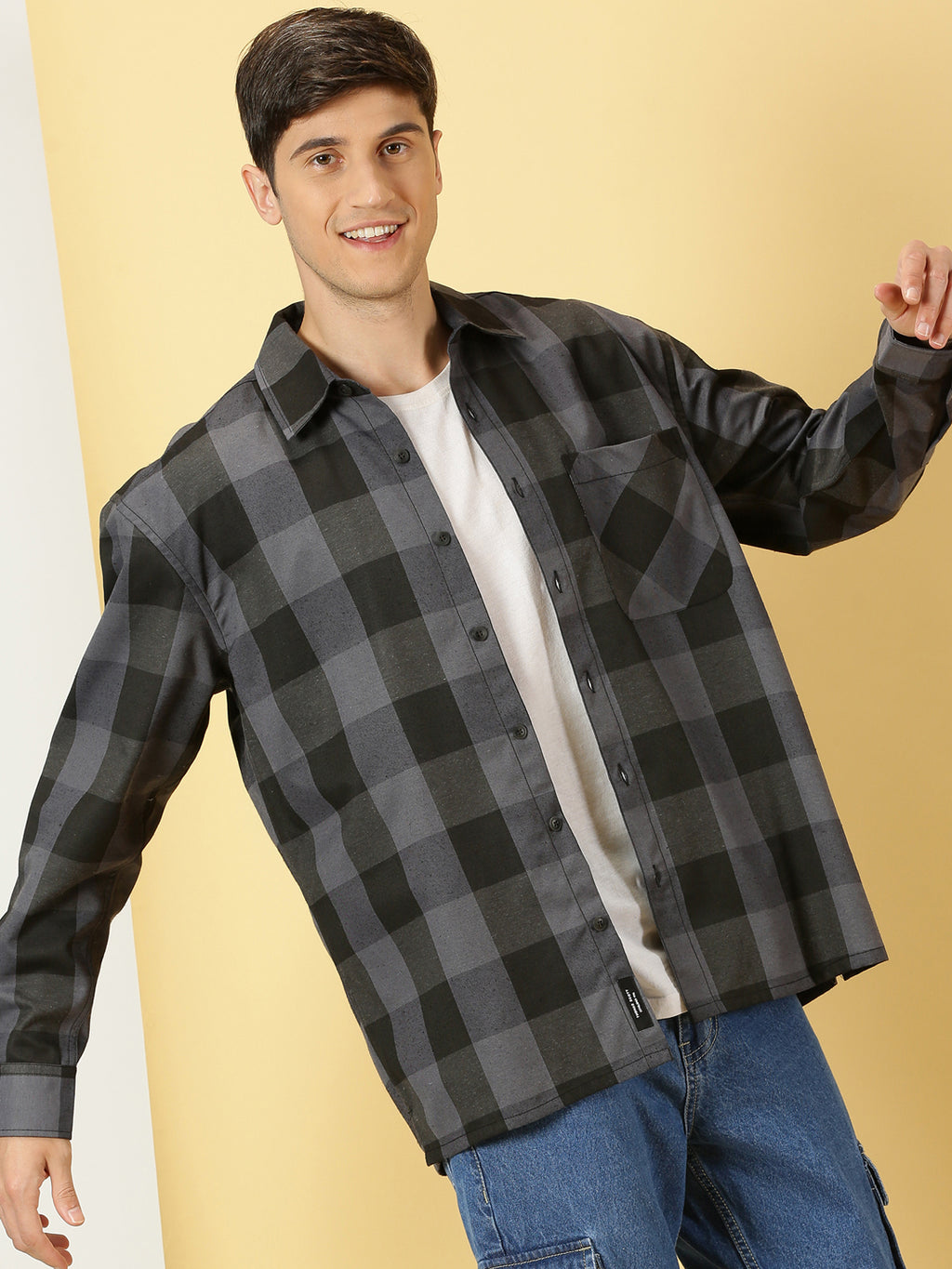 Thomas Scott Men Grey Oversized Long Sleeves Spread Collar Buffalo Checks Knitted Casual Shacket