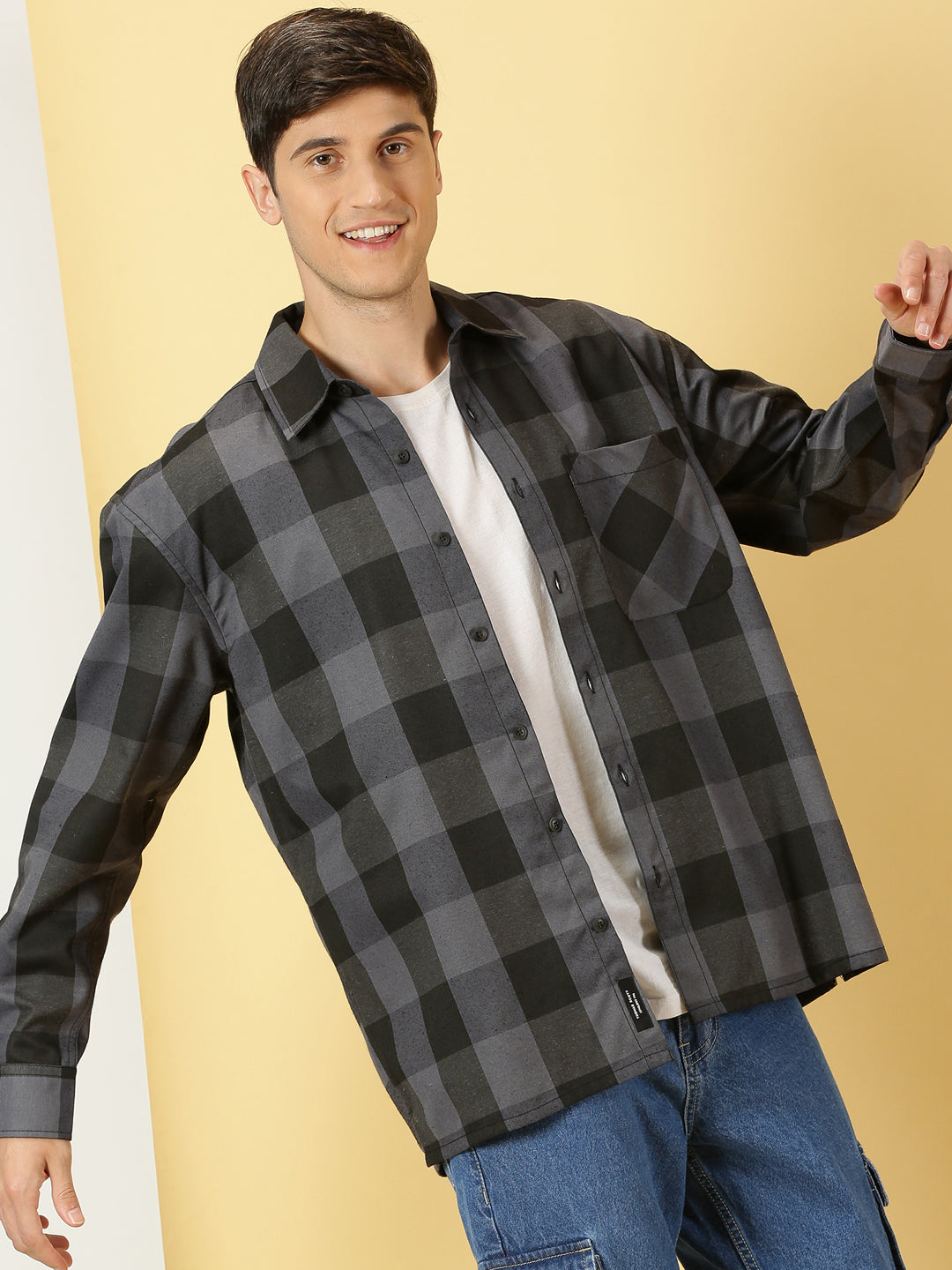 Thomas Scott Men Grey Oversized Long Sleeves Spread Collar Buffalo Checks Knitted Casual Shacket