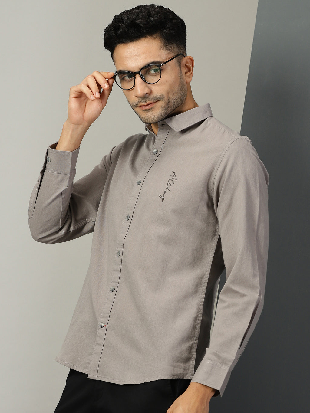 Thomas Scott Men Grey Regular Fit Long Sleeves Spread Collar Solid Cotton Linen Casual Shirt