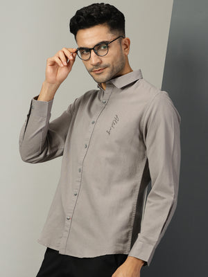 Thomas Scott Men Grey Regular Fit Long Sleeves Spread Collar Solid Cotton Linen Casual Shirt