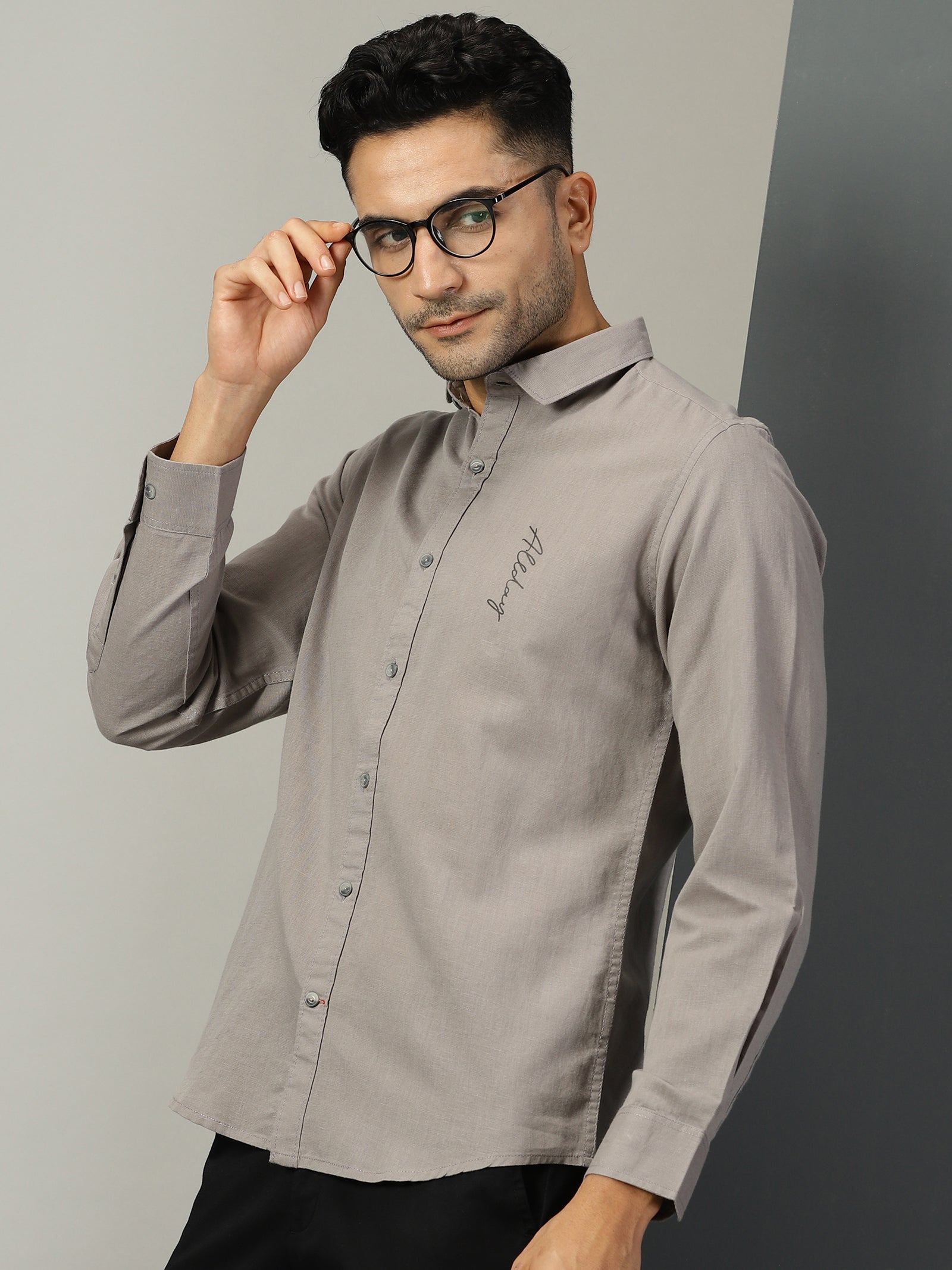 Thomas Scott Men Grey Regular Fit Long Sleeves Spread Collar Solid Cotton Linen Casual Shirt