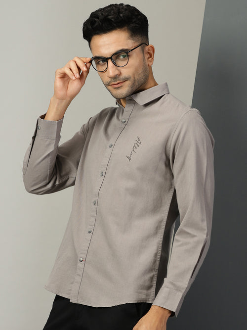 Thomas Scott Men Grey Regular Fit Long Sleeves Spread Collar Solid Cotton Linen Casual Shirt