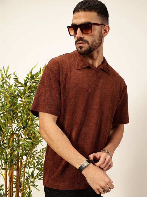 Thomas Scott Men Coffee Brown Towel Terry Short Sleeves Relaxed Fit Textured Polo Collar Knitted T-shirt