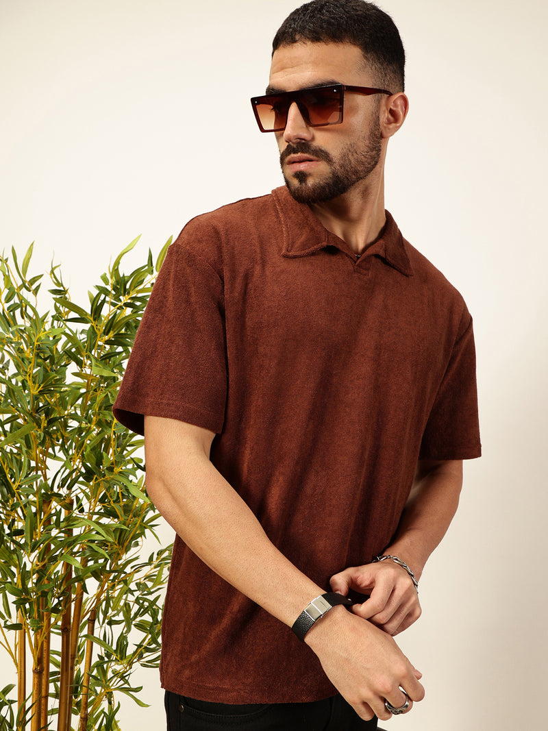 Thomas Scott Men Coffee Brown Towel Terry Short Sleeves Relaxed Fit Textured Polo Collar Knitted T-shirt