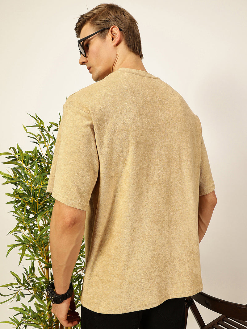 Thomas Scott Men Cream Oversized Short Sleeves Round Neck Solid Knitted T-shirt