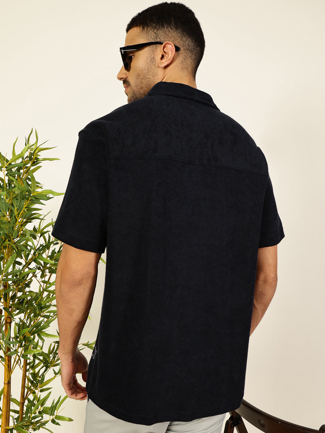 Thomas Scott Men Navy Blue Relaxed Fit Terry Towel Short Sleeves Relaxed Fit Spread Collar Knitted Shirt