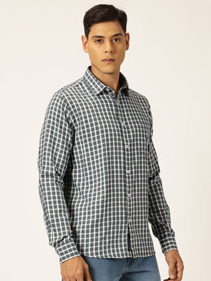 Thomas Scott Men Grey Slim Fit Long Sleeves Gingham Checks Spread Collar 100% Cotton Oxford Casual Shirt