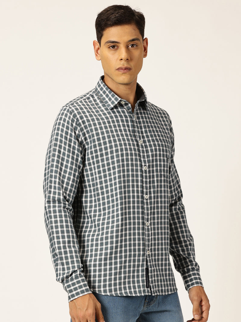 Thomas Scott Men Grey Slim Fit Long Sleeves Gingham Checks Spread Collar 100% Cotton Oxford Casual Shirt