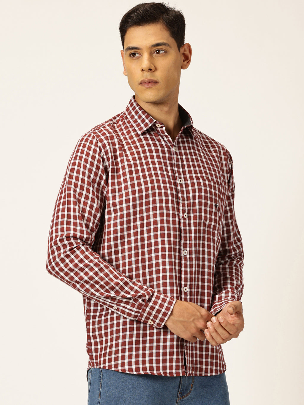 Thomas Scott Men Red Slim Fit Long Sleeves Spread Collar Gingham Checked 100% Cotton Oxford Casual Shirt