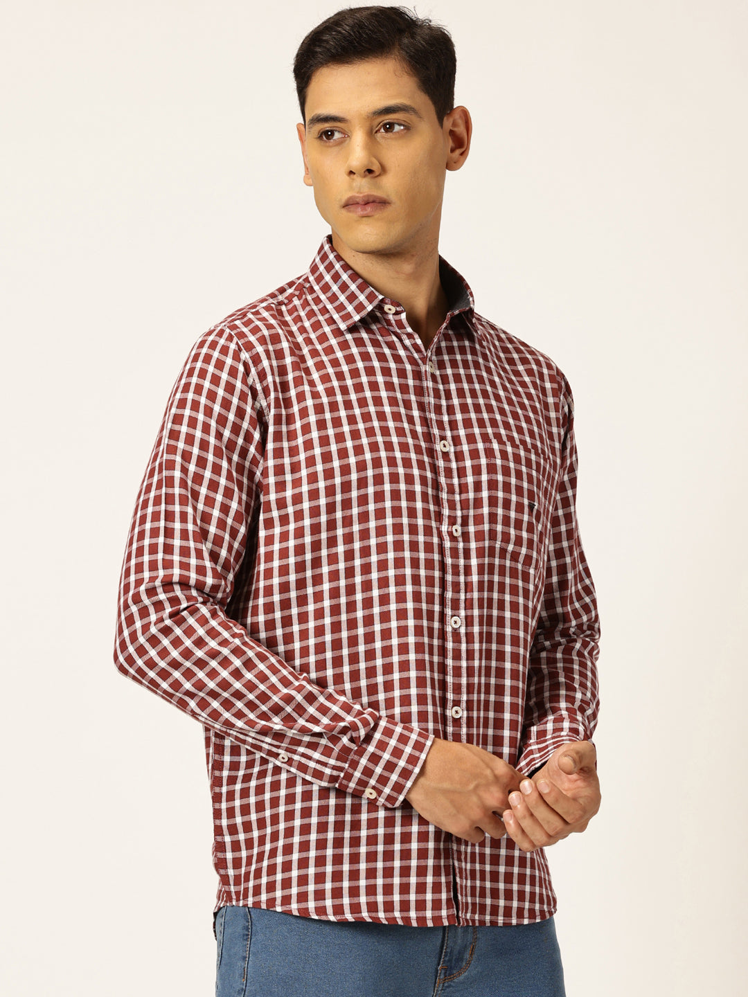 Thomas Scott Men Red Slim Fit Long Sleeves Spread Collar Gingham Checked 100% Cotton Oxford Casual Shirt