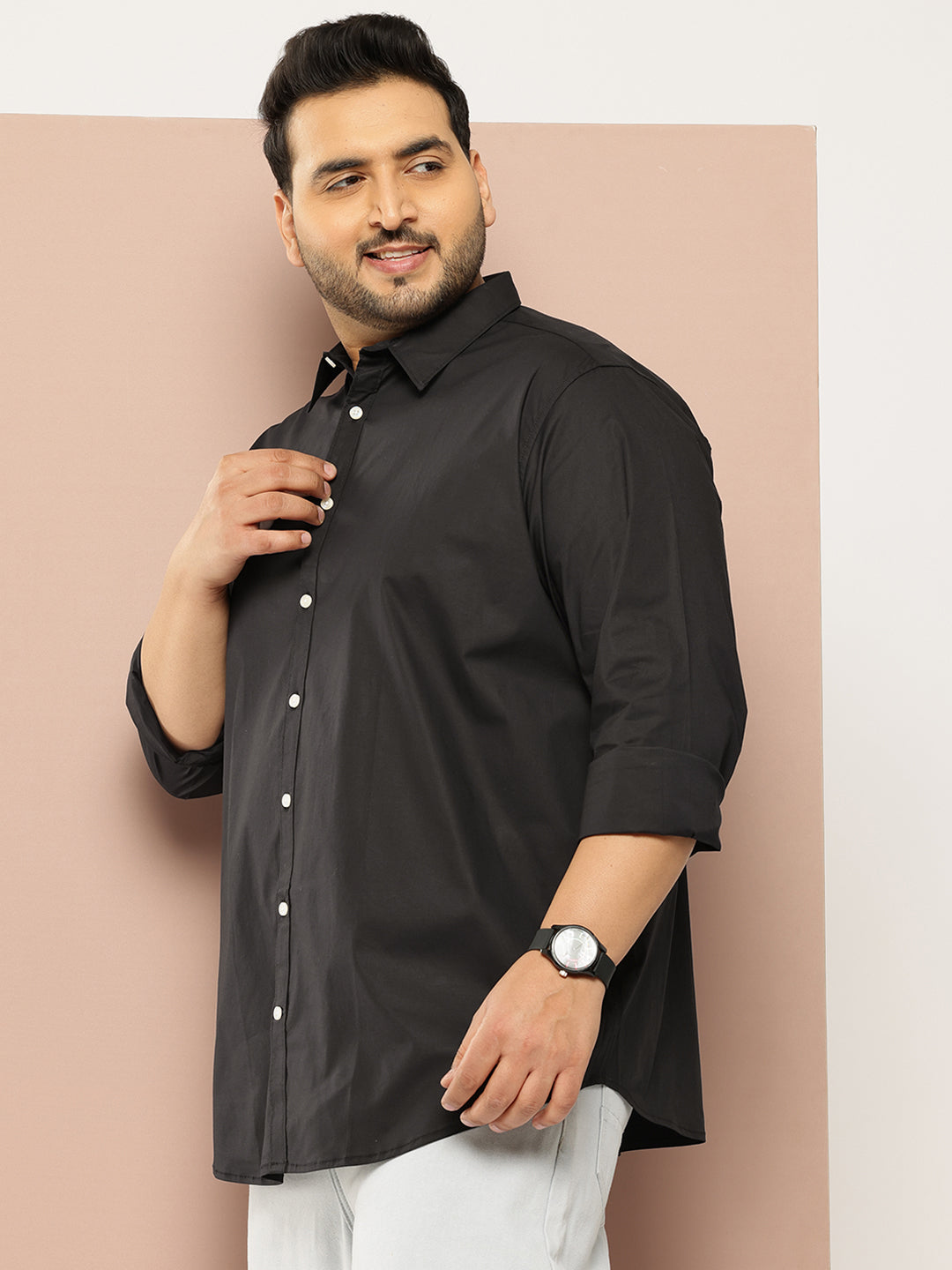 Thomas Scott Men Black Plus Size Regular Fit Long Sleeves Spread Collar Solid Casual Shirt