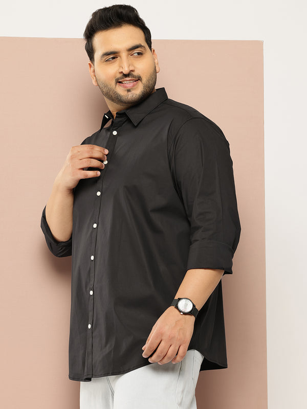 Black Plus Size Regular Fit Long Sleeves Spread Collar Solid Casual Shirt For Men
