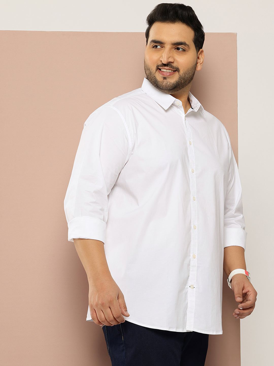Thomas Scott Men White Plus Size Regular Fit Long Sleeves Spread Collar Solid Casual Shirt