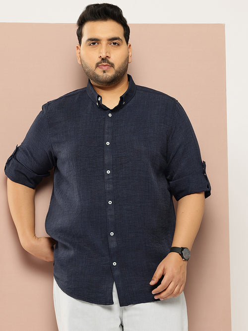 Thomas Scott Men Navy Plus Size Regular Fit Long Roll-Up Sleeves Button-Down Collar Solid Casual Shirt