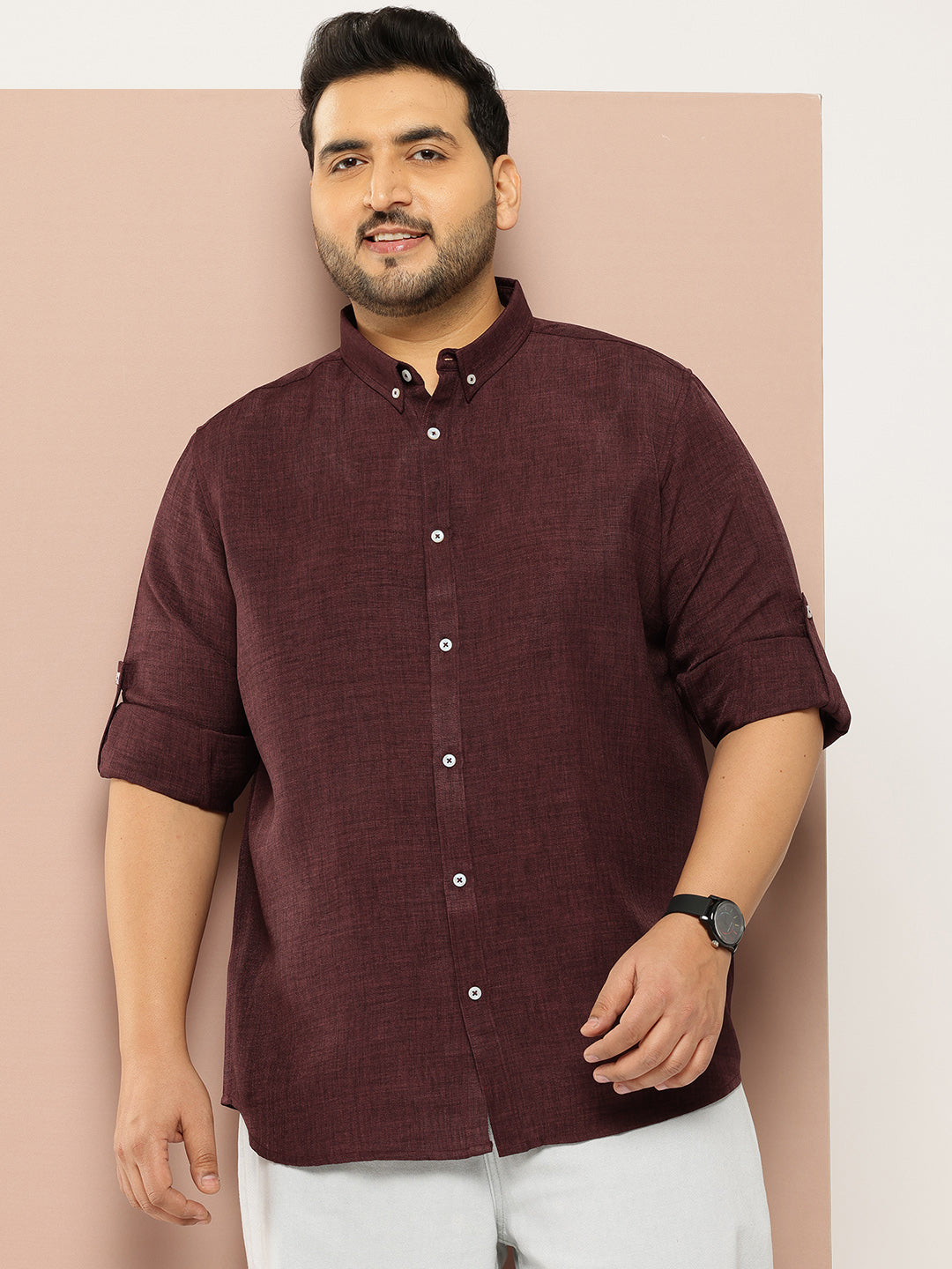 Thomas Scott Men Wine Plus Size Regular Fit Long Roll-Up Sleeves Button-Down Collar Solid Casual Shirt