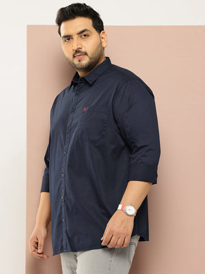 Navy Plus Size Regular Fit Long Sleeves Spread Collar Solid 100% Cotton Casual Shirt For Men
