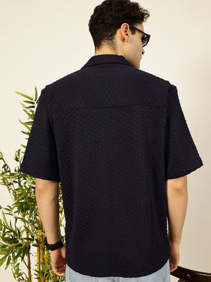 Thomas Scott Men Navy Relaxed Fit Short Sleeves Cuban Collar Textured Cotton Casual Shirt