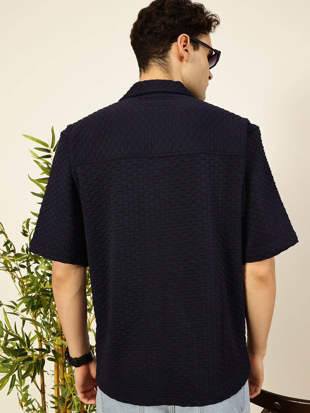 Thomas Scott Men Navy Relaxed Fit Short Sleeves Cuban Collar Textured Cotton Casual Shirt