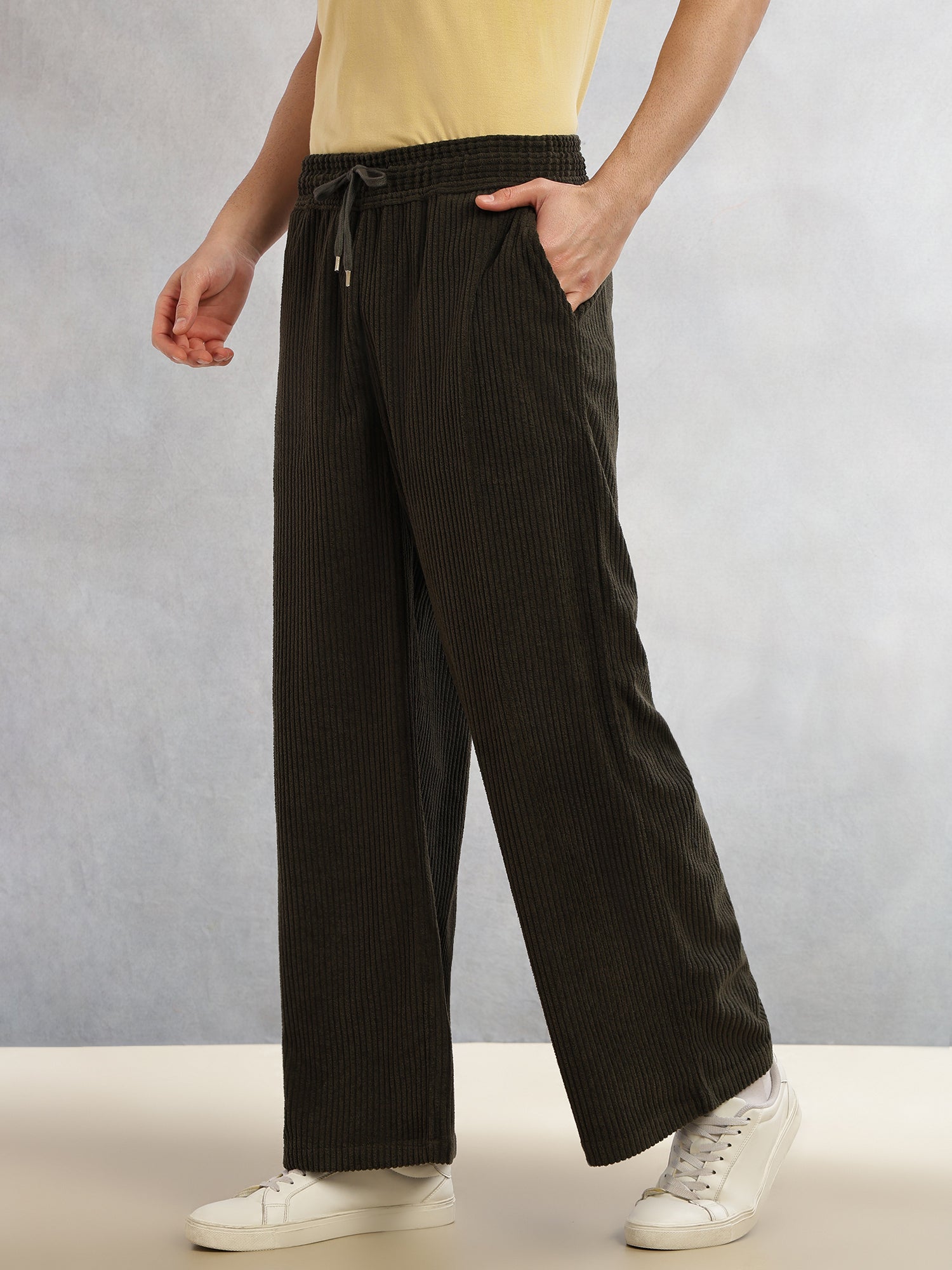 Thomas Scott Men Olive Cricket Club Collection Regular Fit Textured Corduroy Trousers