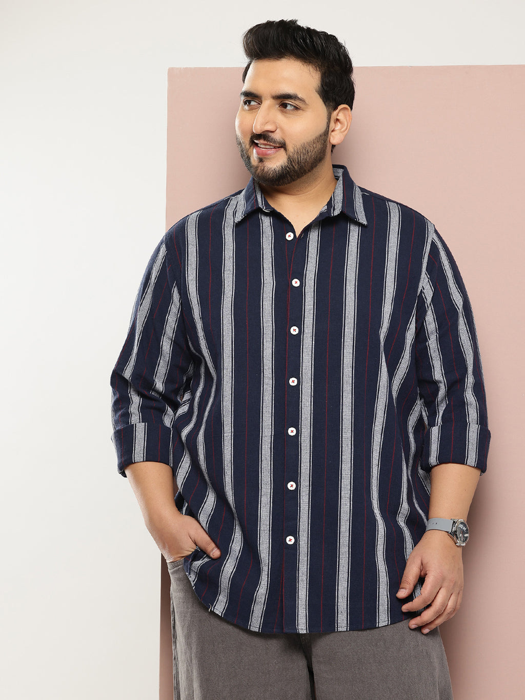 Thomas Scott Men Navy Plus Size Regular Fit Long Sleeves Spread Collar Verticle Stripes 100% Cotton Casual Shirt