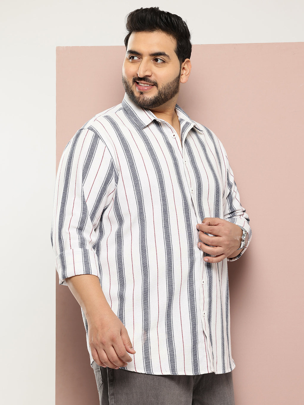 Thomas Scott Men White Plus Size Regular Fit Long Sleeves Spread Collar Multi Striped 100% Cotton Casual Shirt