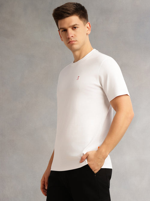 Thomas Scott Men White Cricket Club Collection Regular Fit Short Sleeves Round Neck Solid 100% Cotton Knitted Tshirt