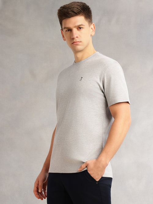 Thomas Scott Men Grey Melange Cricket Club Collection Regular Fit Short Sleeves Round Neck Solid 100% Cotton Knitted Tshirt