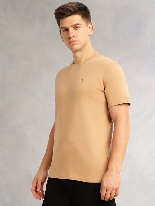 Thomas Scott Men Beige Cricket Club Collection Regular Fit Short Sleeves Round Neck Solid 100% Cotton Knitted Tshirt