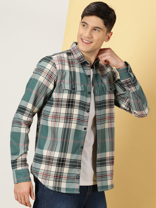 Thomas Scott Men Green Regular Fit Long Sleeves Spread Collar Tartan Checks Double Pocket Knitted Casual Shirt