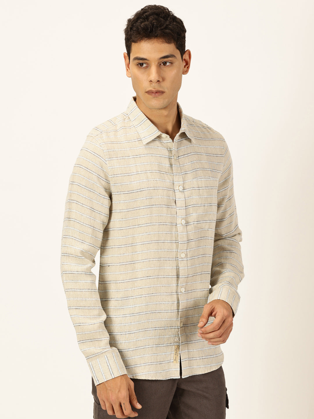 Thomas Scott Men Beige Long Sleeves Slim Fit Spread Collar Horizontal Stripes Linen Casual Shirt