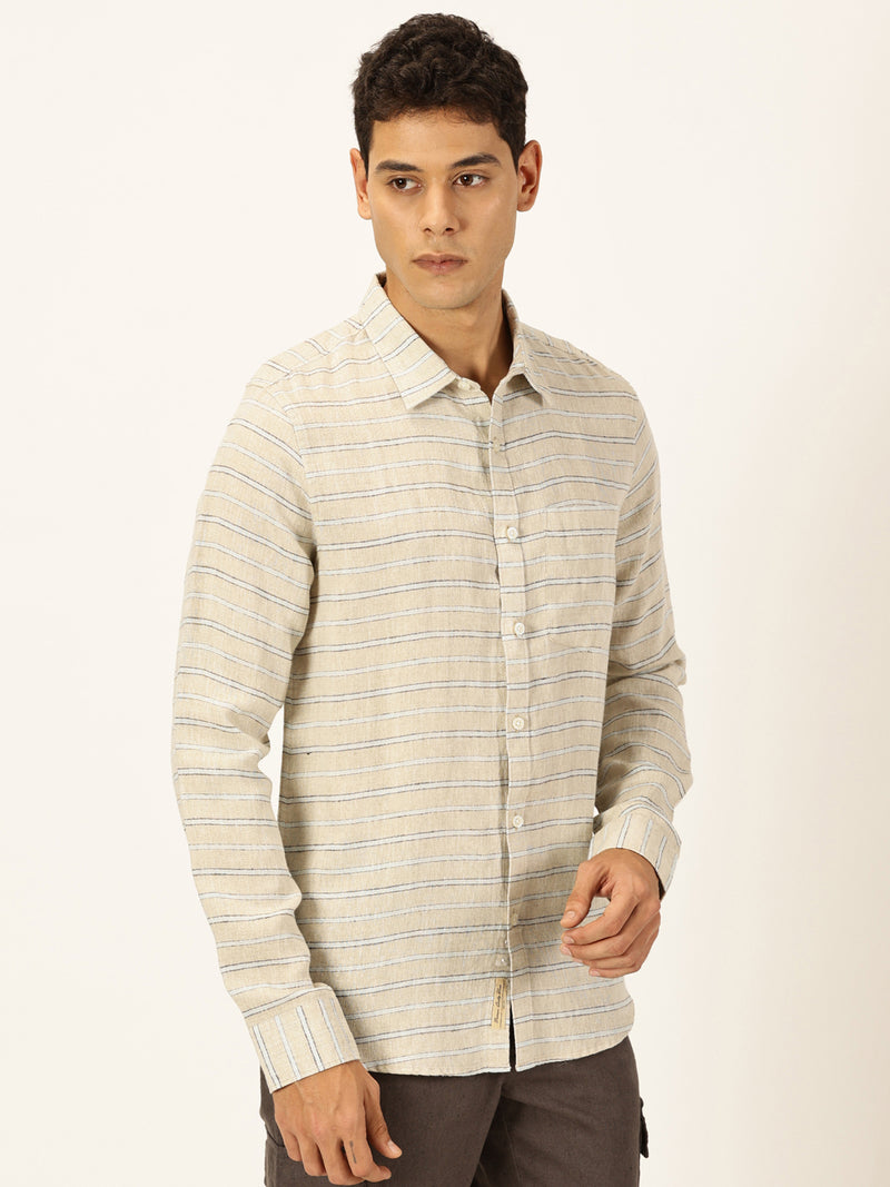 Thomas Scott Men Beige Long Sleeves Slim Fit Spread Collar Horizontal Stripes Linen Casual Shirt