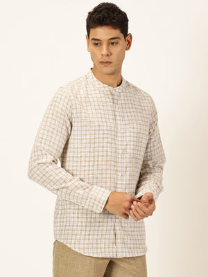 Thomas Scott Men Beige Long Sleeves Slim Fit Mandarin Collar Grid Tattersall Checks Linen Casual Shirt
