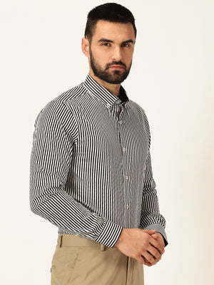 Thomas Scott Men Black Long Sleeves Regular Fit Button-Down Collar Vertical Stripes 100% Cotton Formal Shirt