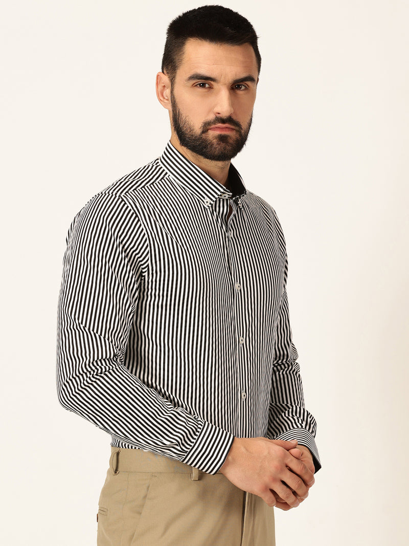 Thomas Scott Men Black Long Sleeves Regular Fit Button-Down Collar Vertical Stripes 100% Cotton Formal Shirt