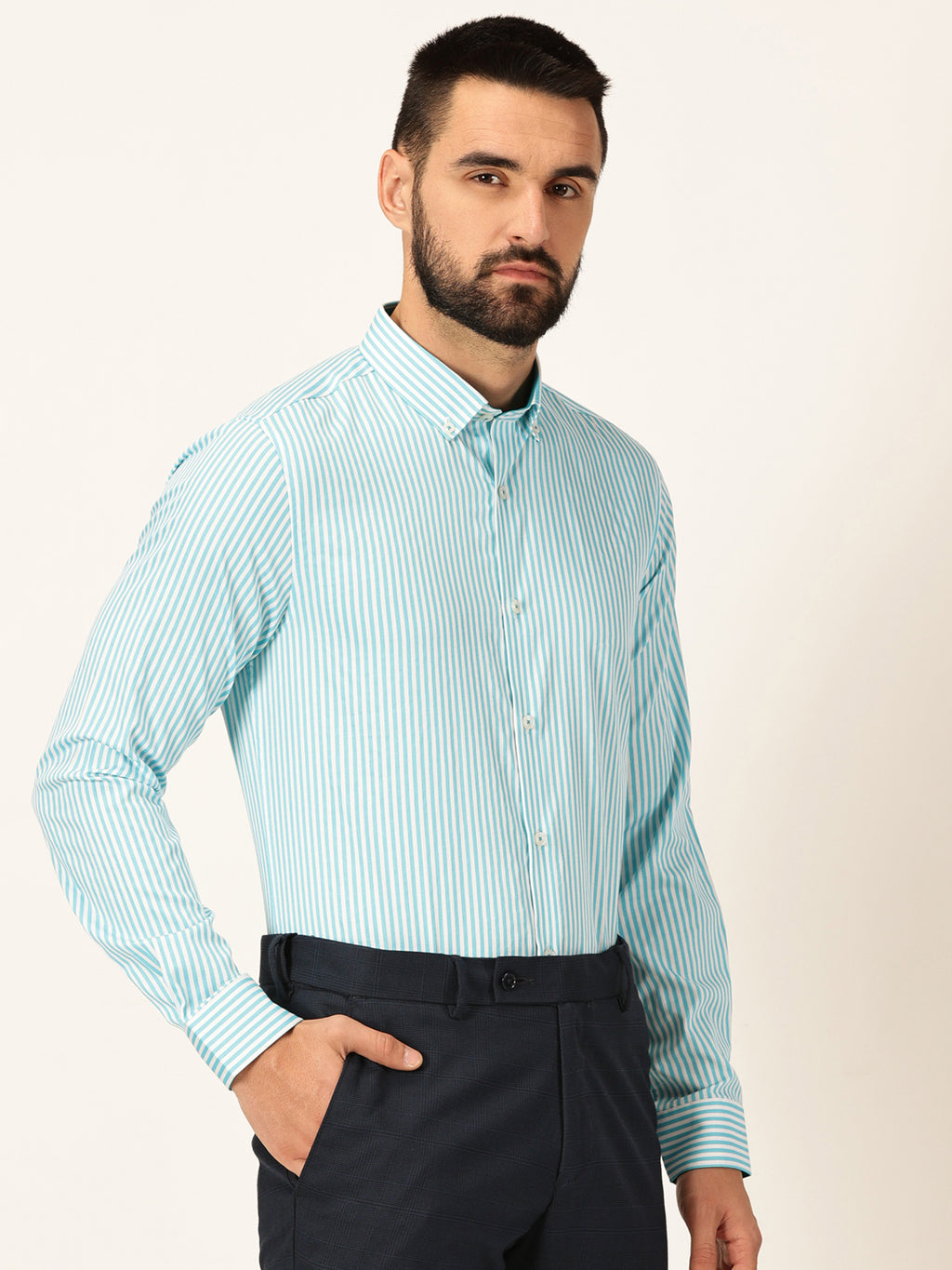 Thomas Scott Men Aqua Regular Fit Long Sleeves Button-Down Collar Pinstripes Cotton Formal Shirt