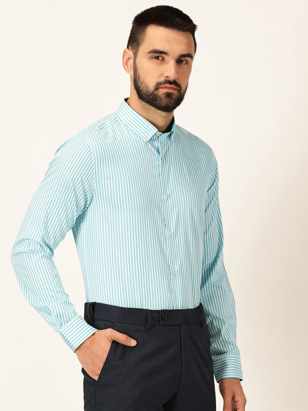 Thomas Scott Men Aqua Regular Fit Long Sleeves Button-Down Collar Pinstripes Cotton Formal Shirt