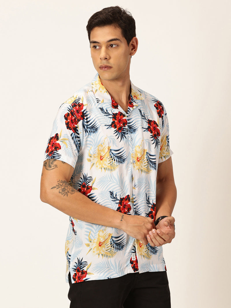 Thomas Scott Men Navy Blue Short Sleeves Slim Fit Spread Collar Floral Printed Viscose Rayon Casual Shirt