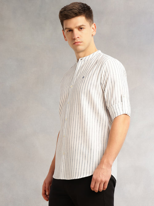 Thomas Scott Men Navy Slim Fit Three-Quarter Roll-Up Sleeves Mandarin Collar Vertical Stripes Cotton Linen Casual Shirt