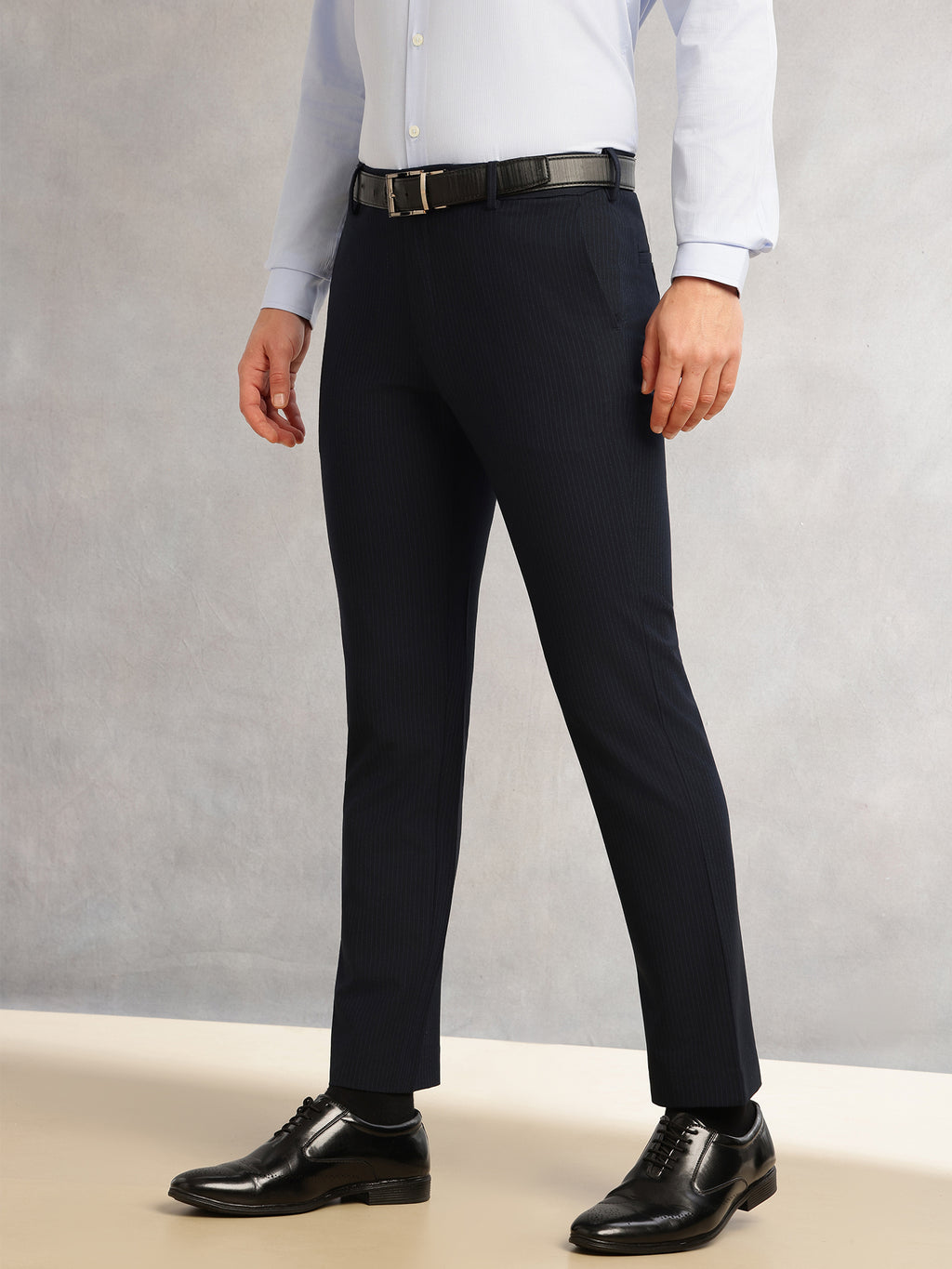 Thomas Scott Men Navy1 Slim Fit Mid-Rise Flexi-Waist 4-Way Stretch Solid Formal Performance Trouser