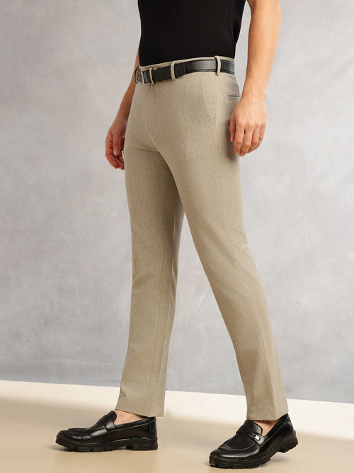 Thomas Scott Men Khaki Slim Fit Mid-Rise Flexi-Waist 4-Way Stretch Solid Formal Performance Trouser