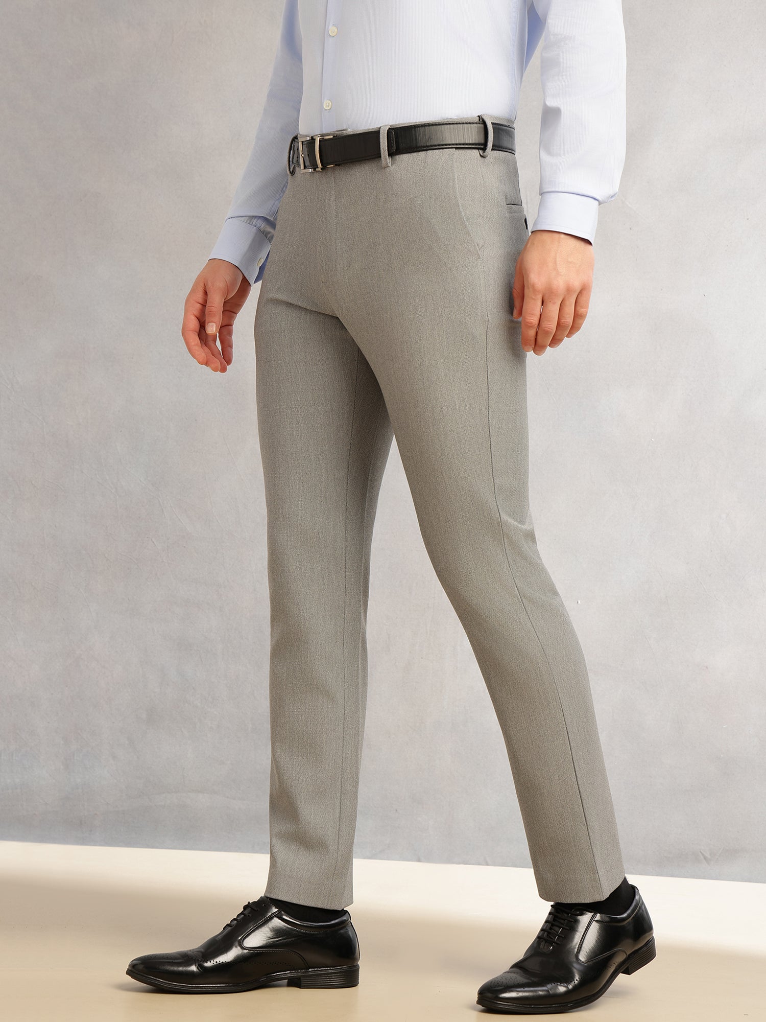 Thomas Scott Men Dark Grey Slim Fit Mid-Rise Flexi-Waist 4-Way Stretch Solid Formal Performance Trouser