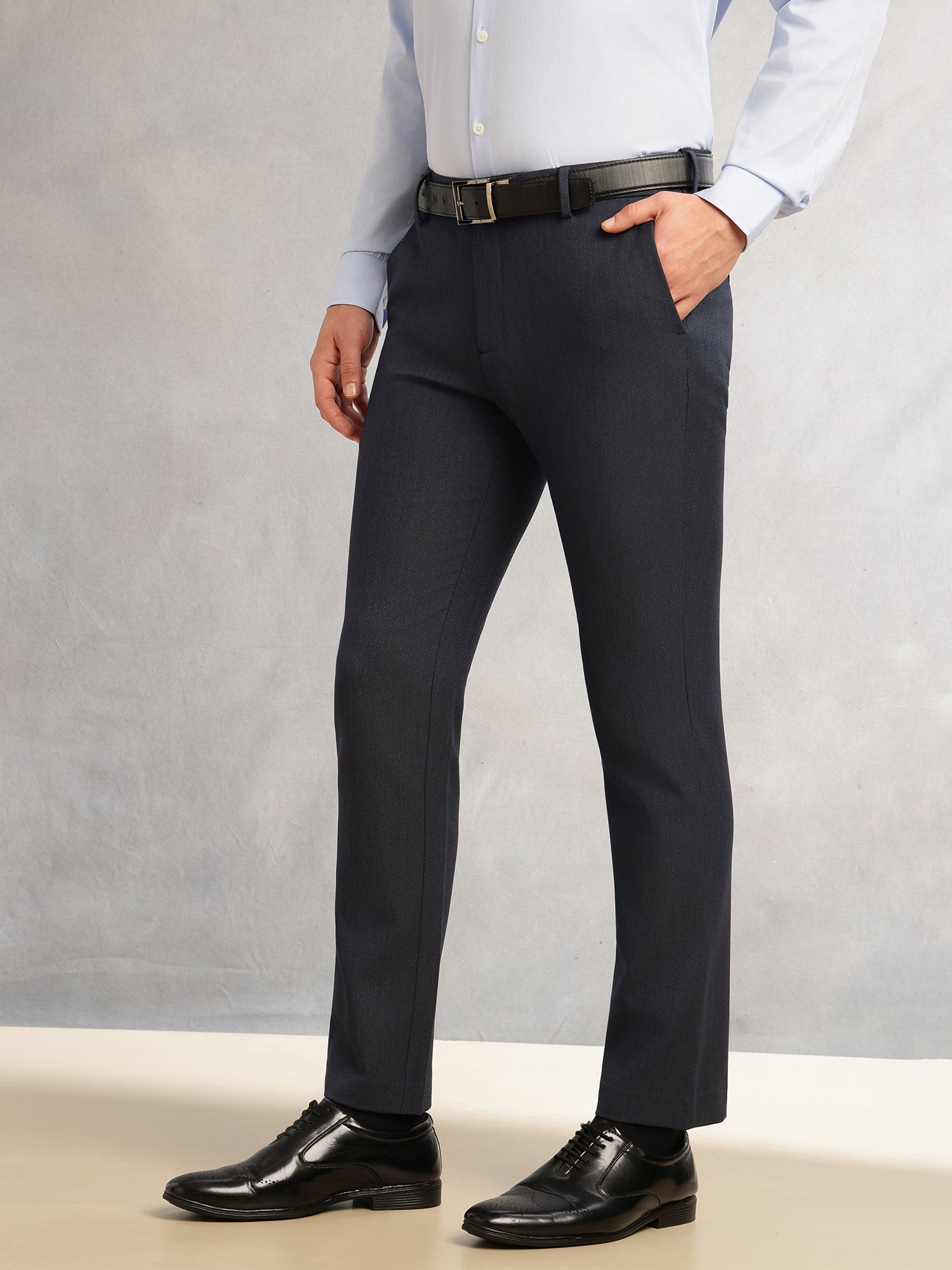 Thomas Scott Men Navy2 Slim Fit Mid-Rise Flexi-Waist 4-Way Stretch Solid Formal Performance Trouser