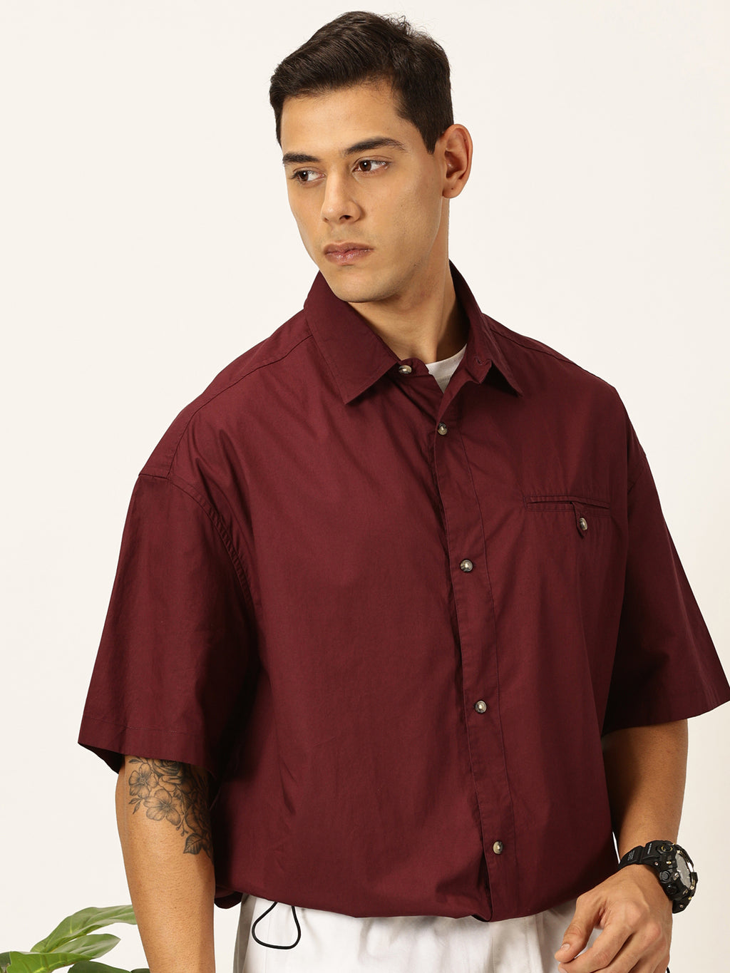 Thomas Scott Men Wine Oversized Short Sleeves Spread Collar Solid 100% Cotton Casual Shirt